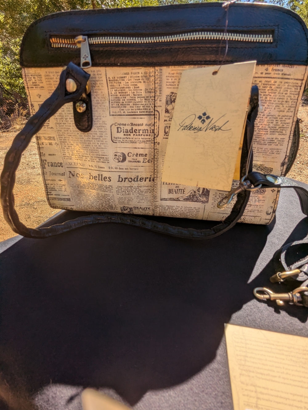 Patricia Nash Cream Newspaper Print Messenger Bag with Black Trim